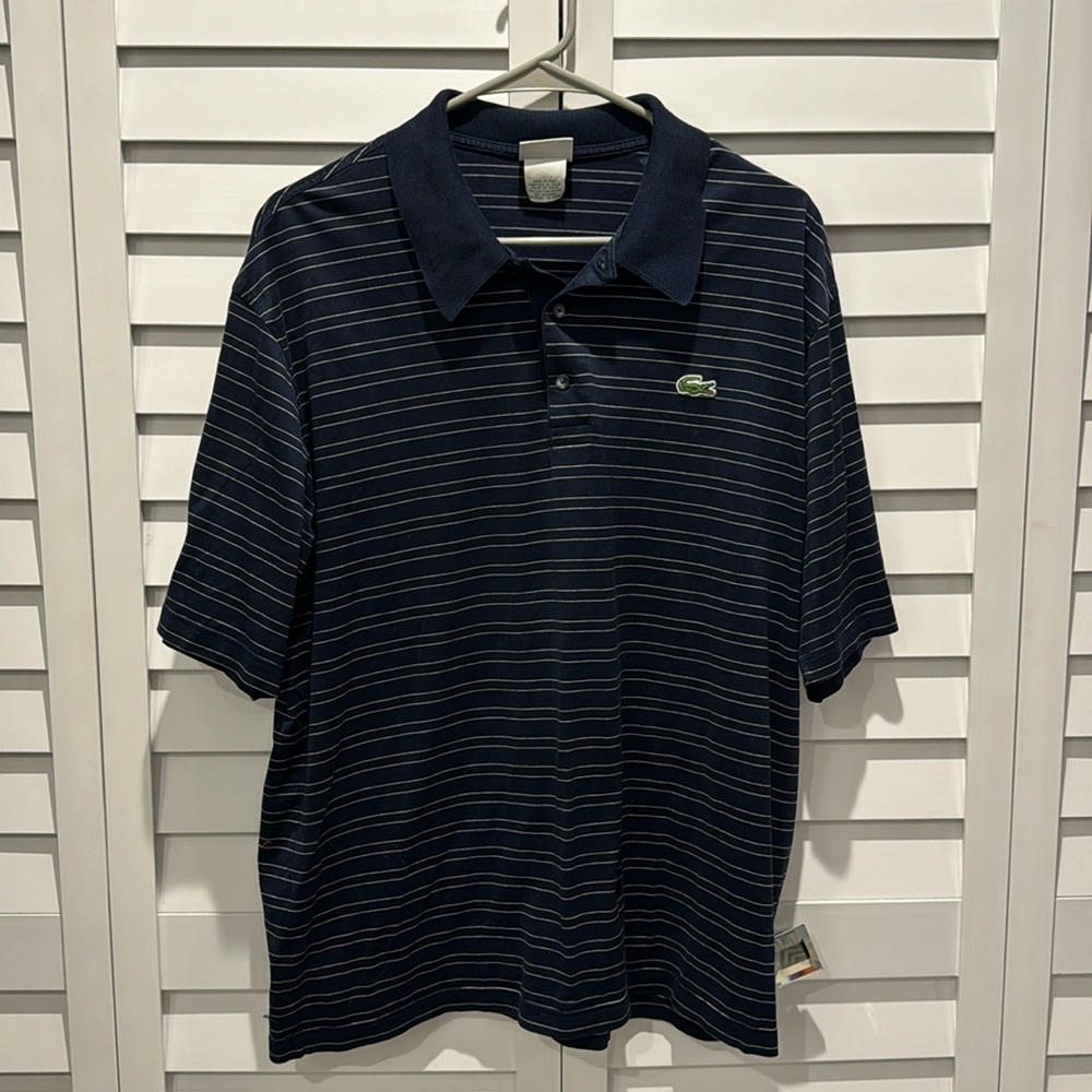 Lacoste Pre loved stripes Polo Shirt in Navy, very soft, size 7.